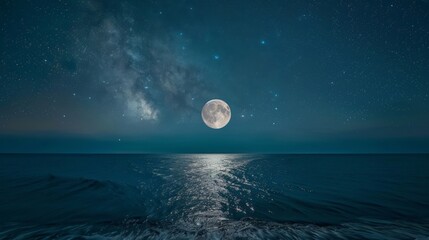 Moonrise over a calm ocean under a starry sky