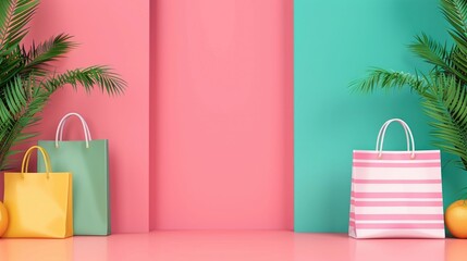 Poster - Vibrant Labor Day Sale Banner with Tropical Leaf Accents and Pastel Palette  featuring shopping bags price tags and clean modern design elements in a pastel color scheme perfect for e commerce retail