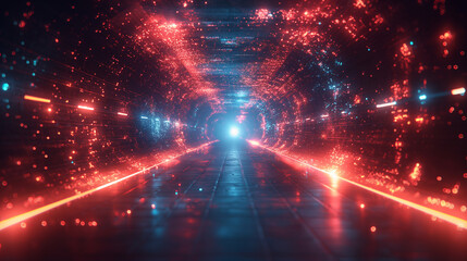 create an image of two paths running in parallel, red and blue color scheme, technology feel, tech background, futuristic feel.