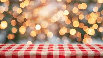 Poster - A vibrant red and white checkered tablecloth decorates a table, illuminated by soft bokeh lights creating an inviting ambiance