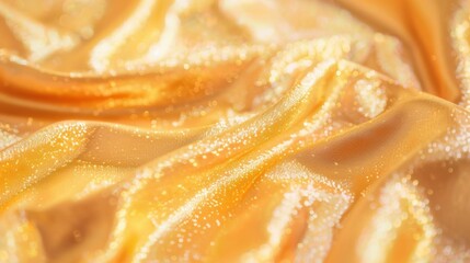 Poster - Soft, shimmering golden satin fabric displays elegant folds and glimmers under warm lighting, creating a rich, inviting atmosphere