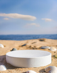 Canvas Print - White podium on sandy beach with seashells and ocean in the background