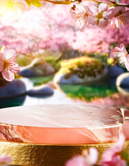 Sticker - Pink Marble Podium With Golden Base In Beautiful Spring Blossom Background