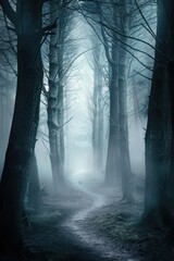 Sticker - A misty forest with tall trees and a winding path, creating a mysterious and serene atmosphere.