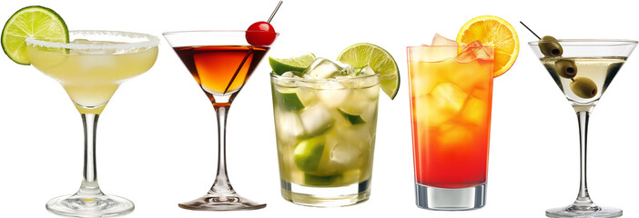 collection of cocktails isolated on white background