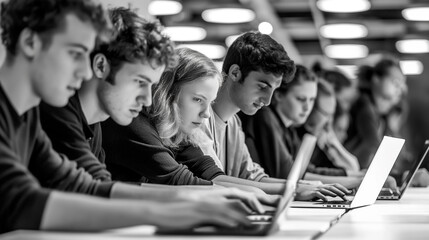 Poster - Students working on laptops in university library in black and white