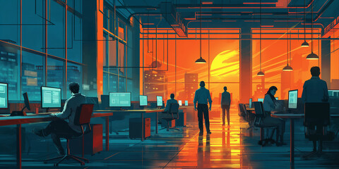 Poster - Office workers enjoying sunset view after work