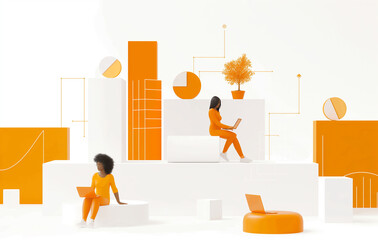 Aufkleber - Two businesswomen are working in an abstract geometric white and orange office