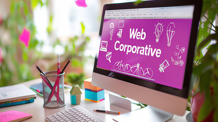 Poster - Web designer working on a new corporate website, using a desktop computer