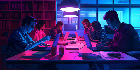 Poster - Team of software developers working late using laptops in neon office