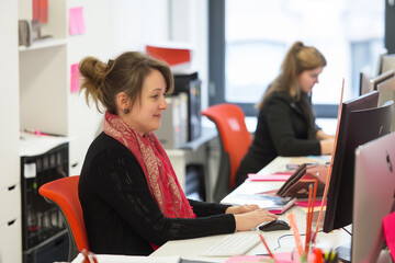 Poster - Young woman working on computer in busy office