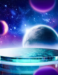 Wall Mural - Abstract Planet with Glowing Lights and a Glass Display Stand