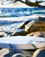 Wall Mural - White Marble Platform on the Rocks with Blurred Ocean Background