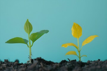 Two Sprout Plants One Green One Yellow in Soil