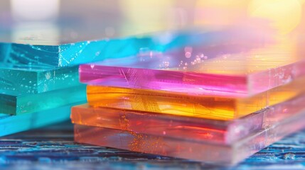 Poster - Brightly colored acrylic sheets are neatly stacked, reflecting light and showcasing their transparency and vibrant hues