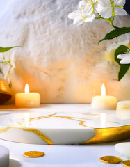 Poster - White Marble Pedestal With Gold Accents and Candles