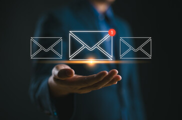 Fototapete - Businessman receives email notification, business email communication and digital marketing, newsletter, message, sms, electronic communication technology. New email notification concept.