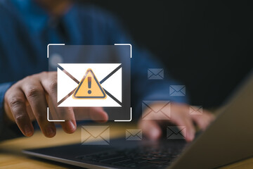 Leinwandbilder - Email Spam concept. Person use laptop with virtual screen of Spam email notification, warning notification and spam message.