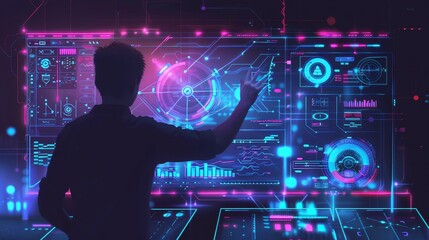 Wall Mural - A man interacts with a futuristic interface, showcasing digital technology, innovation, data visualization, and the future of technology.