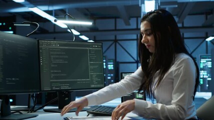 Poster - engineer in data center installing software on computer, helping maintain network, troubleshooting a