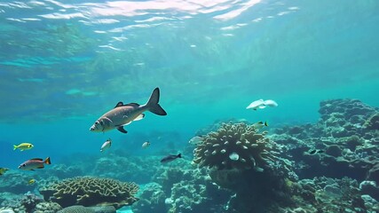 Poster - Several fish swim near a coral reef in clear blue water.