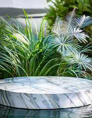 Canvas Print - Circular Marble Platform Floating in Water with Green Foliage