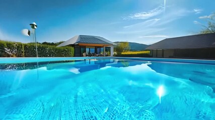 Poster - A resort pool with a modern design and lush green lawn, set against a backdrop of rolling hills.
