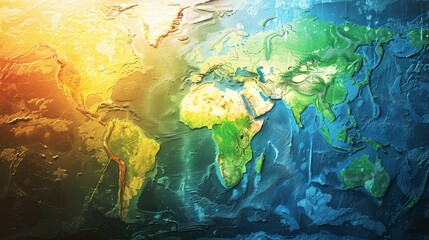 A stylized world map with raised continents and oceans, painted in vibrant colors symbolizing global connection, diversity, and interconnectedness.