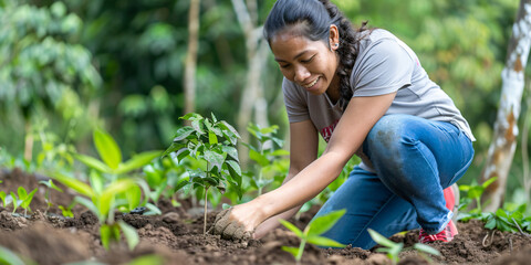 hispanic woman. A woman is planting a tree in a garden, symbolizing environmental conservation and sustainability.