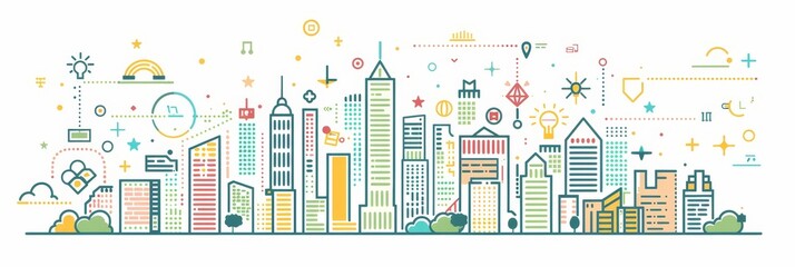 Naklejka na meble A vibrant city skyline with skyscrapers, abstract shapes, and symbols representing innovation, creativity, and connectivity.