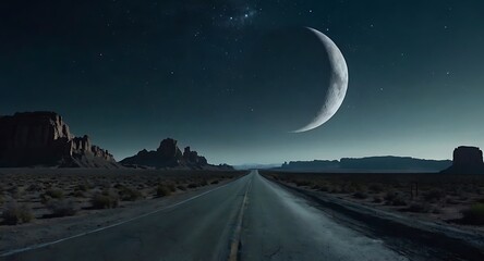 An endless road at night with a bright moon in the distance
