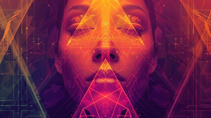 Wall Mural - A woman's face is depicted with closed eyes, engulfed in a vibrant, abstract geometric pattern that evokes feelings of mystery, spirituality, and connection.