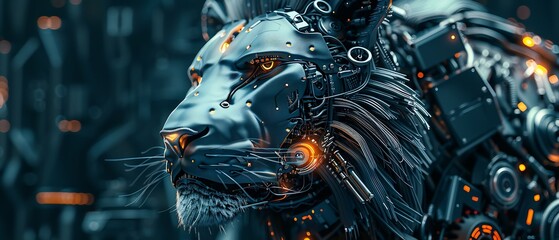 Wall Mural - Cyberpunk style cyborg robot lion head ai generated image