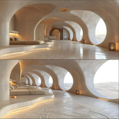 Wall Mural - modern building with a large grey arched entrance. Inside, there are multiple seating areas with various sized round tables.