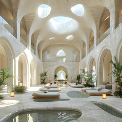 Wall Mural - modern building with a large grey arched entrance. Inside, there are multiple seating areas with various sized round tables.