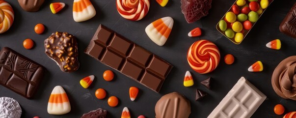 Assortment of chocolate bars, candies, and sweets arranged on a dark surface.