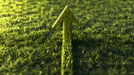 Green grass field with a large symbolic arrow pointing upwards and forwards representing sustainable development eco-friendly growth and motivational progress in environmental practices