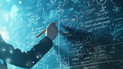 Fototapete - Algebra handwritten on a school blackboard, with complicated mathematical formulas filling the blackboard background and geometric shapes with white chalk. The background is blurred