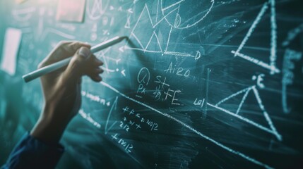 Fototapete - Algebra handwritten on a school blackboard, with complicated mathematical formulas filling the blackboard background and geometric shapes with white chalk. The background is blurred