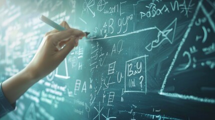 Fototapete - Algebra handwritten on a school blackboard, with complicated mathematical formulas filling the blackboard background and geometric shapes with white chalk. The background is blurred