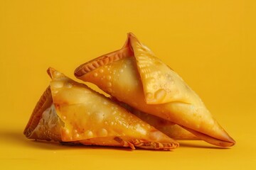 Three Crispy Golden Brown Samosas on Yellow Background