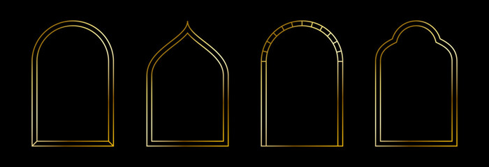 Poster - Thin golden arch set. Gold arc border frame collection in oriental style. Muslim linear shining curve shape bundle. Glowing shiny boarder element pack for photo, cadre, poster, card. Vector
