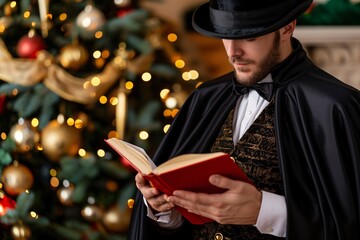 A traditional caroler outfit with a cape, top hat, and songbook.