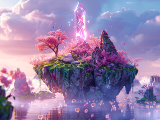 Wall Mural - a floating island with a rocky surface, surrounded by a body of water and illuminated by a sunset, with a few flowers and a glass crystal on top.