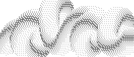 Aufkleber - Pixelated gradient squiggle shape. Black dither wave texture background. Dotted fluid curvy form for banner, poster, leaflet. Abstract digitalized undulated overlay wallpaper. Vector backdrop