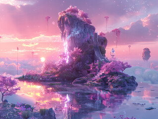 Wall Mural - a floating island with a rocky surface, surrounded by a body of water and illuminated by a sunset, with a few flowers and a glass crystal on top.