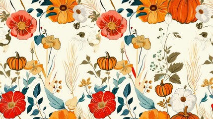 Autumnal floral pattern with pumpkins, leaves, and flowers.