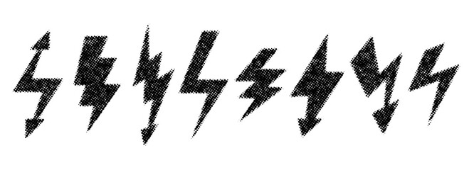 Aufkleber - Halftone grunge lightning bolt set. Dotted thunder bolt symbol collection. Rough pixel flash thunderbolt element pack for poster, banner, graphic design. Textured grain arrow sign bundle. Vector