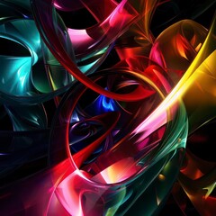 Wall Mural - colorful abstract dynamic fluid tridimensional design with black background and dramatic lighting