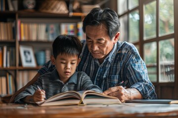 Asian father helping his son with homework at a desk in a cozy study room